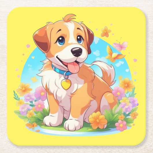 かわいい子犬 スクエアペーパーコースター (正面)