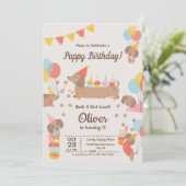 かわいい子犬 ダックスフント 誕生日パーティー 招待状 (スタンド正面)