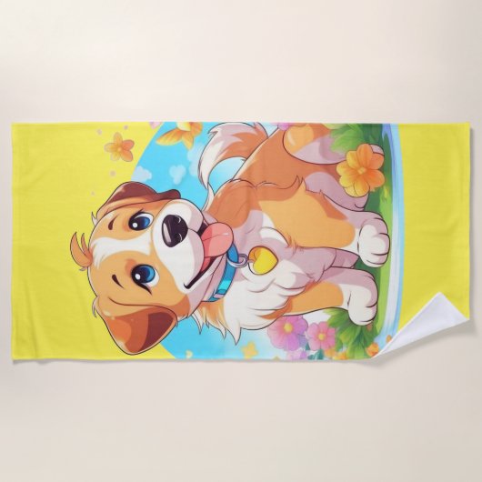 かわいい子犬 ビーチタオル (正面)