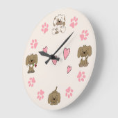 かわいい子犬、ピンクの前足のプリントとピンクのハート ラージ壁時計 (傾斜)