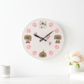 かわいい子犬、ピンクの前足のプリントとピンクのハート ラージ壁時計 (ホーム)