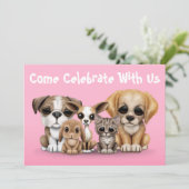 かわいい子犬、子猫、ウサギのペット肖像 ピンク 招待状 (スタンド正面)