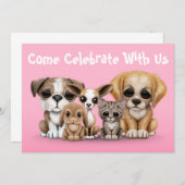 かわいい子犬、子猫、ウサギのペット肖像 ピンク 招待状 (正面/裏面)