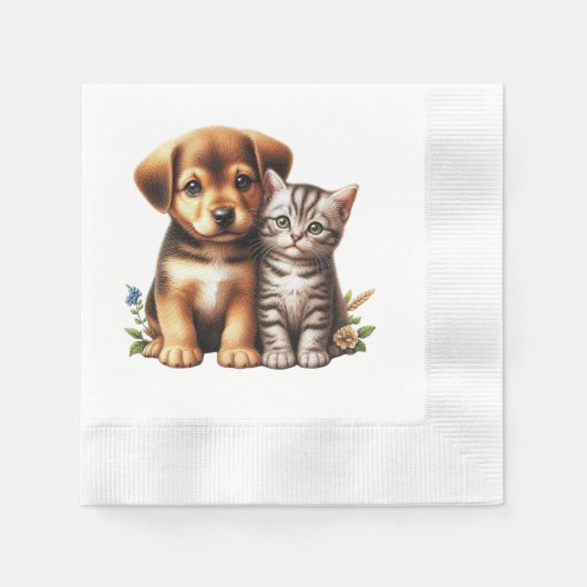 かわいい子犬/子猫 縁ありカクテルナプキン (正面)