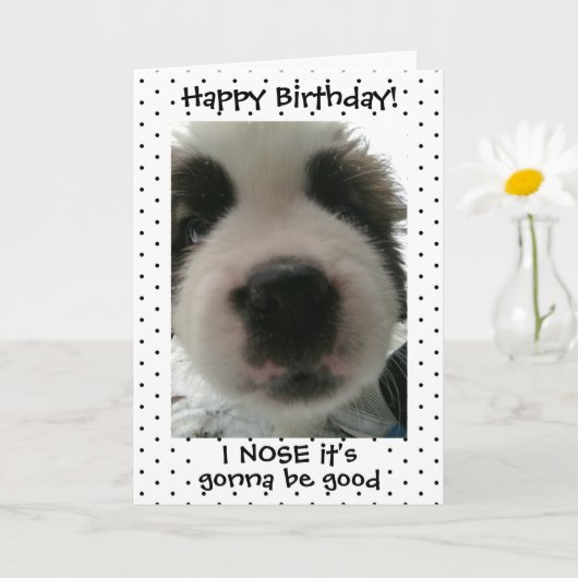 かわいい子犬 誕生日おめでとう ドット柄 カード (小さな植物)