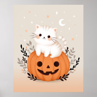 かわいい子猫がオレンジ色のカボチャに座る現代的なハロウィン ポスター