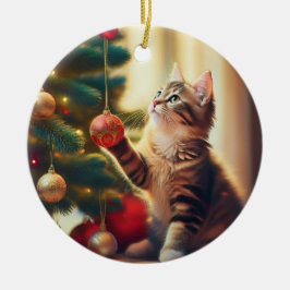 かわいい子猫がクリスマスの電球で遊んでいる セラミックオーナメント