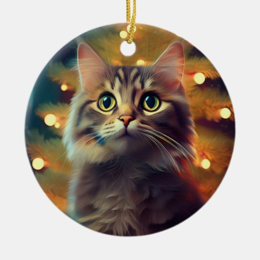 かわいい子猫がクリスマス電球で遊んでいる セラミックオーナメント (正面)