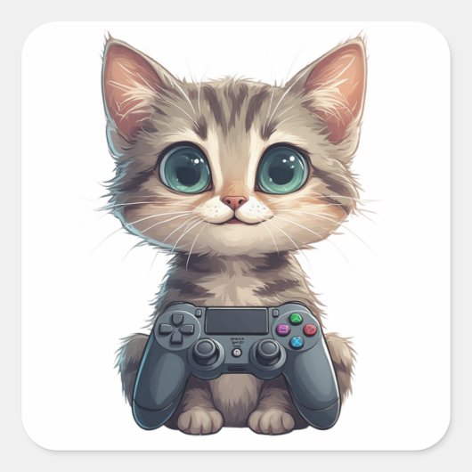 かわいい子猫がゲームコントローラーを握っている ゲーマー猫 スクエアシール (正面)