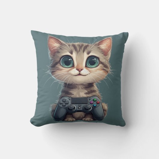 かわいい子猫がゲームコントローラーを握るゲーマー猫 クッション (正面)