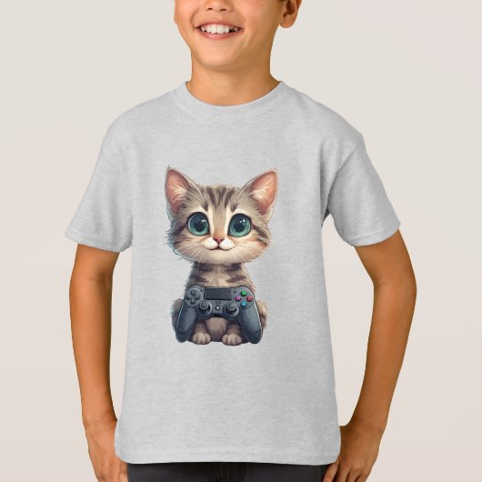 かわいい子猫がゲームコントローラーを握るゲーマー猫 Tシャツ (正面)