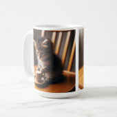 かわいい子猫がコップと椅子に座って。 コーヒーマグカップ (正面左)