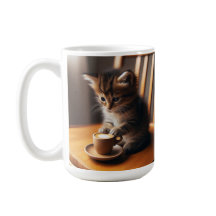 かわいい子猫がコップと椅子に座って。