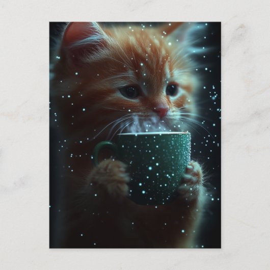 かわいい子猫がコーヒーを楽しむ ポストカード (正面)