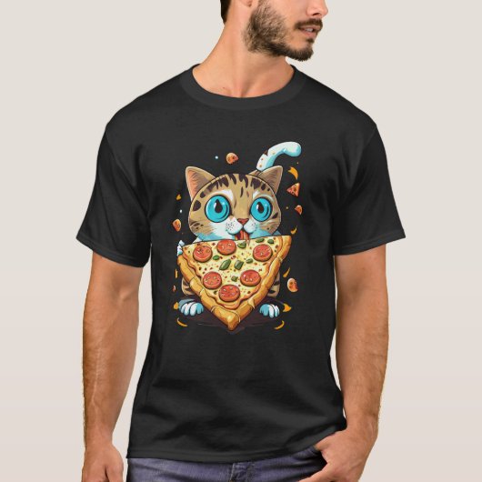 かわいい子猫がピザを食べている Tシャツ (正面)