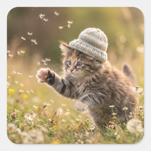 かわいい子猫が帽子をかぶってタンポポで遊んでいる スクエアシール (正面)