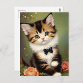 かわいい子猫が弓を着ている。ヴィンテージ油彩画。 ポストカード (正面/裏面)