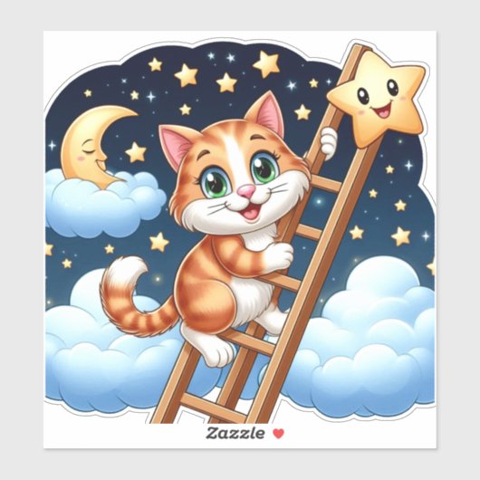 かわいい子猫が月に向かって梯子を登る シール (シート)