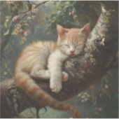 かわいい子猫が木に寝るヴィンテージ シール (正面)