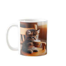 かわいい子猫が椅子に座ってコーヒーを飲む。