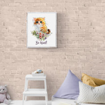 かわいい子猫が水彩の花を見上げている