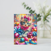 かわいい子猫が誕生日のリボンや飾りの中で遊ぶ ポストカード (スタンド正面)