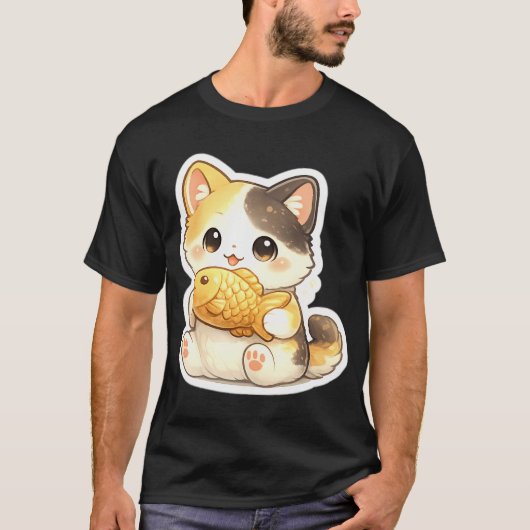 かわいい子猫が金魚を持っている Tシャツ (正面)
