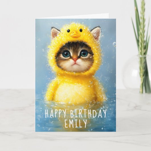 かわいい子猫が黄色のあひるのコスチュームを着て DL4R 名前 カード (正面)