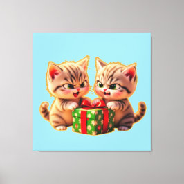 **かわいい子猫たちがプレゼントを奪い合う - 楽しいクリスマス キャンバスプリント