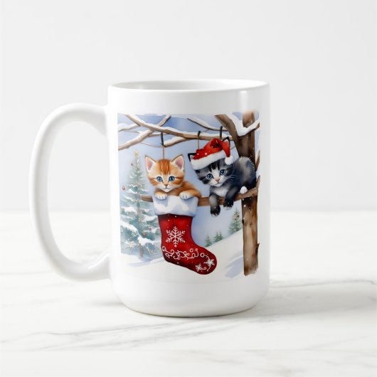かわいい子猫たちクリスマスストッキングとサンタハット コーヒーマグカップ (左)