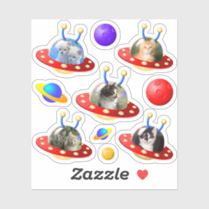 かわいい子猫たち飛んでいるUFOソーサーエイリアン シール