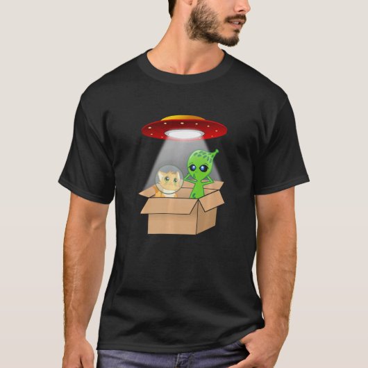 かわいい子猫とエイリアンのダンボール宇宙船 Tシャツ (正面)