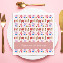 かわいい子猫とギフトパターンピンク子供の誕生日 スタンダードカクテルナプキン