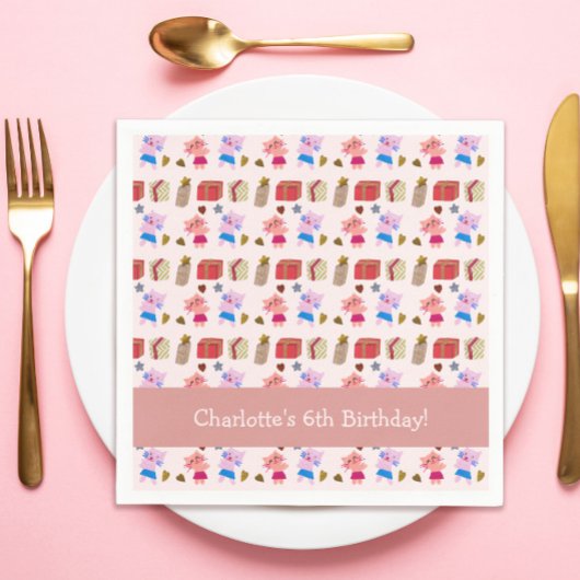 かわいい子猫とギフトパターンピンク子供の誕生日 スタンダードカクテルナプキン