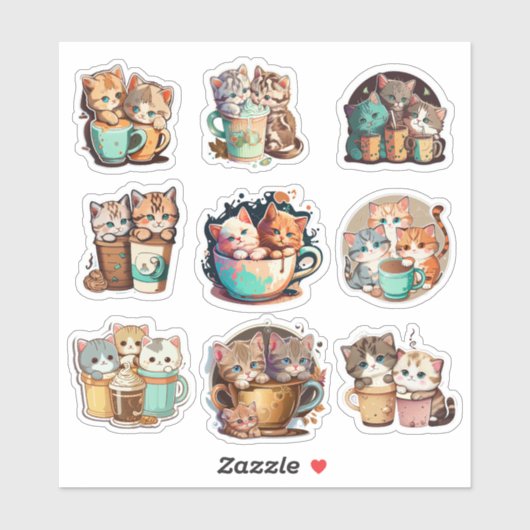 かわいい子猫とコーヒーカスタム切り シール (シート)