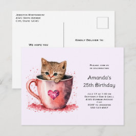 かわいい子猫とティーカップハート誕生日 インビテーションポストカード