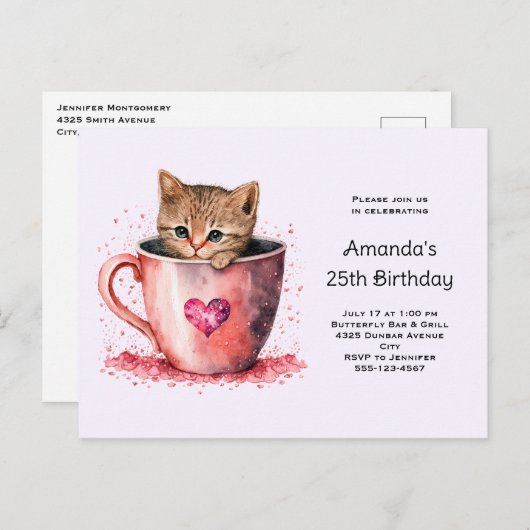 かわいい子猫とティーカップハート誕生日 インビテーションポストカード (正面/裏面)