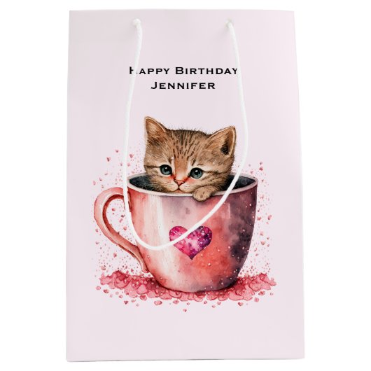 かわいい子猫とティーカップハート誕生日 ミディアムペーパーバッグ (正面)