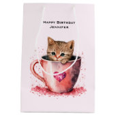 かわいい子猫とティーカップハート誕生日 ミディアムペーパーバッグ (裏面)