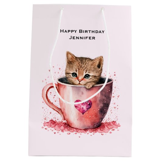 かわいい子猫とティーカップハート誕生日 ミディアムペーパーバッグ (裏面)