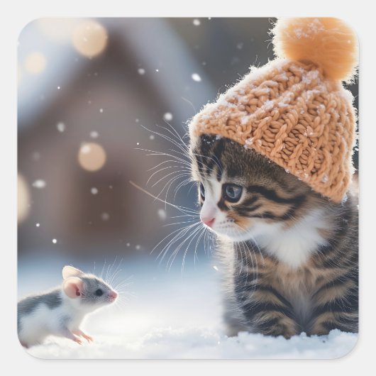 かわいい子猫とネズミが一緒に雪の中に スクエアシール (正面)