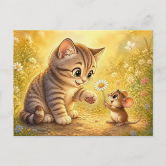 かわいい子猫とネズミの友情グリーティングカード ポストカード