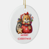 かわいい子猫とハリネズミのクリスマス セラミックオーナメント (右)