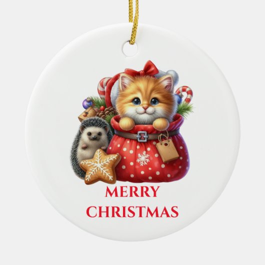 かわいい子猫とハリネズミのクリスマス セラミックオーナメント (正面)