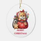 かわいい子猫とハリネズミのクリスマス セラミックオーナメント (左)