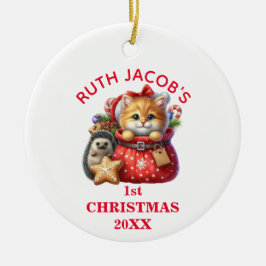 かわいい子猫とハリネズミの最初のクリスマスパーソナライズ セラミックオーナメント