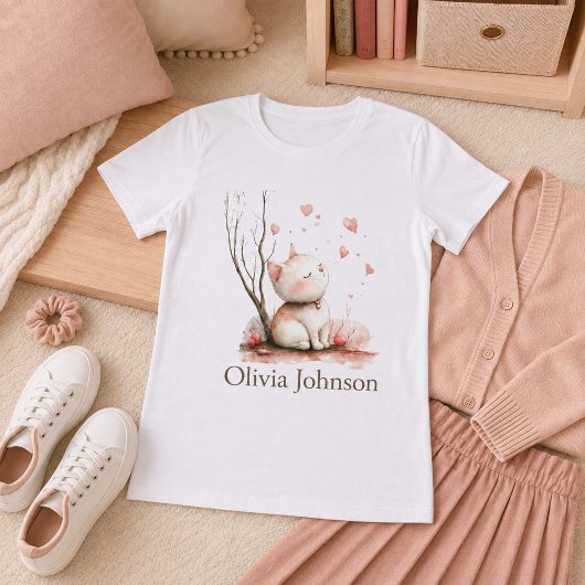かわいい子猫とハートのプリントのレディース Tシャツ