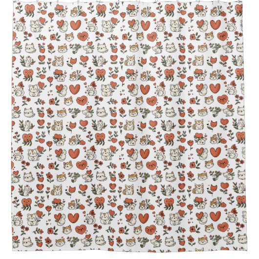 かわいい子猫とハートシャワーカーテン シャワーカーテン (正面)