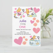 かわいい子猫とハートベビーガール誕生日 招待状 (スタンド正面)