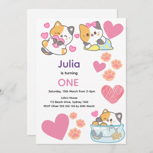 かわいい子猫とハートベビーガール誕生日 招待状 (正面/裏面)